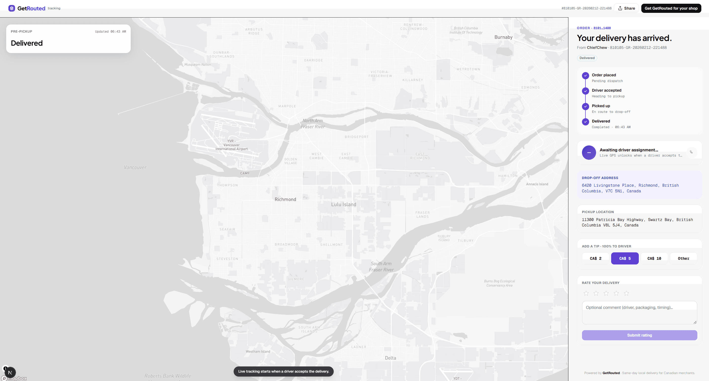 Customer tracker link showing live map, ETA, and driver details