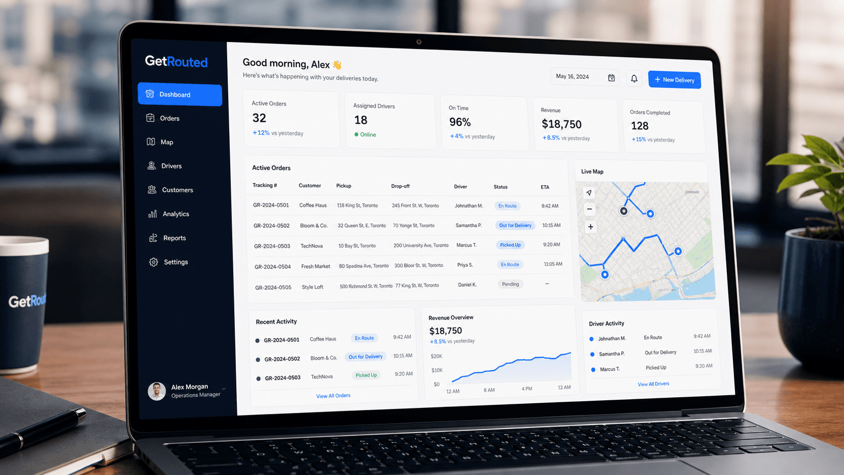 GetRouted merchant dashboard on a laptop showing revenue, on-time rate, and order metrics