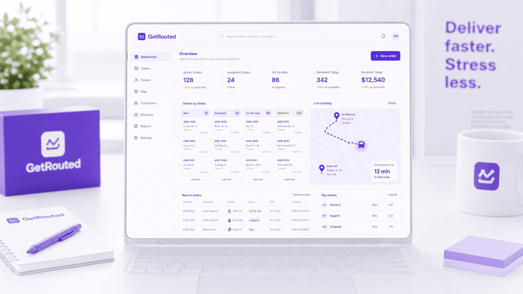 GetRouted merchant console showing orders, drivers, and dispatch in one view